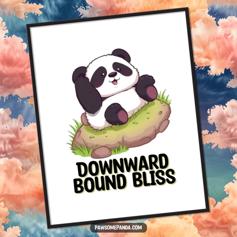 Funny digital art print of a curious panda character joyfully rolling down a grassy hill, bringing instant cheer and humor.
