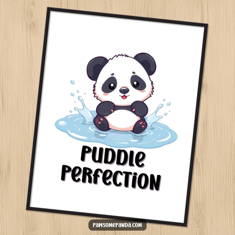 Funny kawaii panda cub playfully splashing in a small puddle, as a whimsical digital art print.