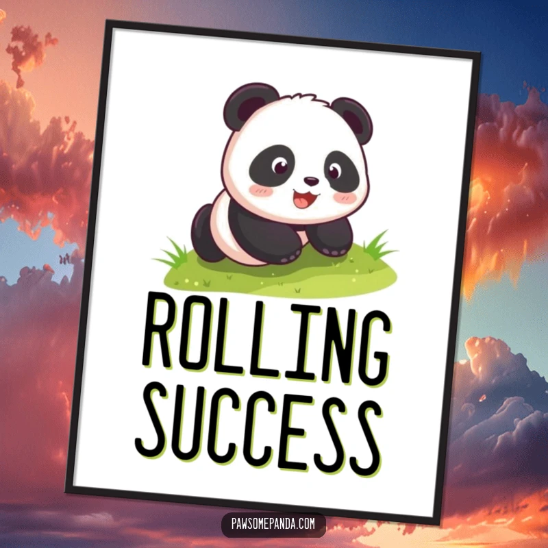 Funny kawaii panda cub joyfully rolling down a grassy hill, as a vibrant digital art print, bringing playful energy to your walls.