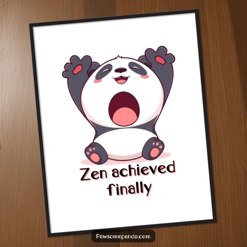 Funny Kawaii Panda Digital Art Print of a cute panda bear stretching with a big yawn and a smile, relaxing and humorous.