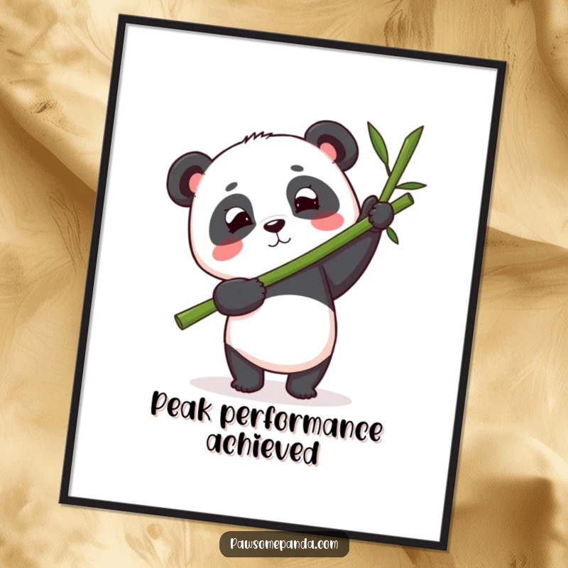 Funny panda digital art print of a determined panda balancing a large bamboo stalk with focus, bringing inspirational humor to any wall.