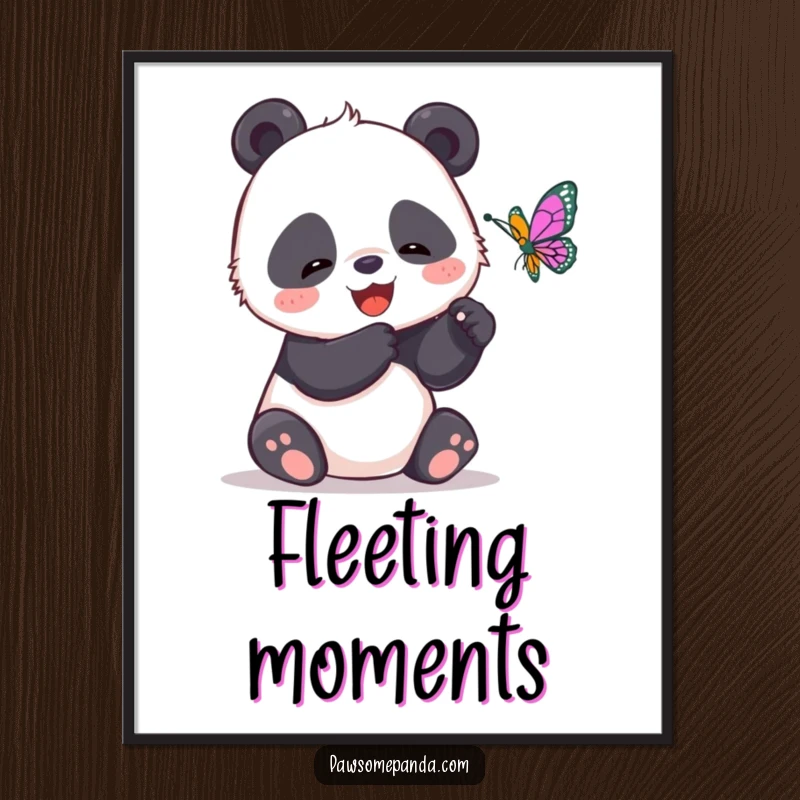 Funny digital art print of a giggling panda trying to catch a butterfly, perfect for instant download and playful decor.