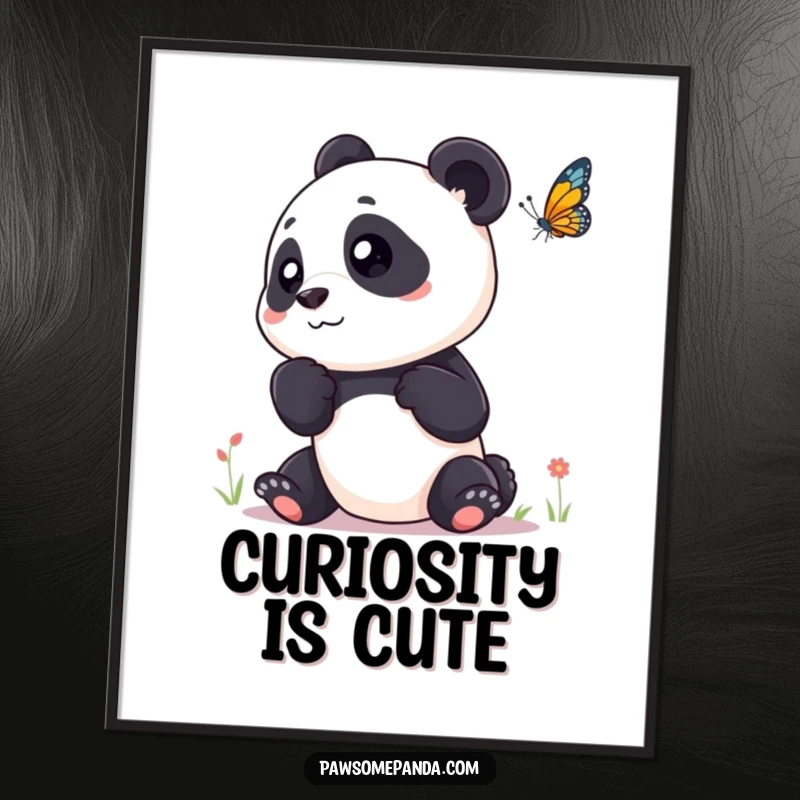 Funny digital art print of a curious panda tilting its head to watch a butterfly, bringing nature indoors.