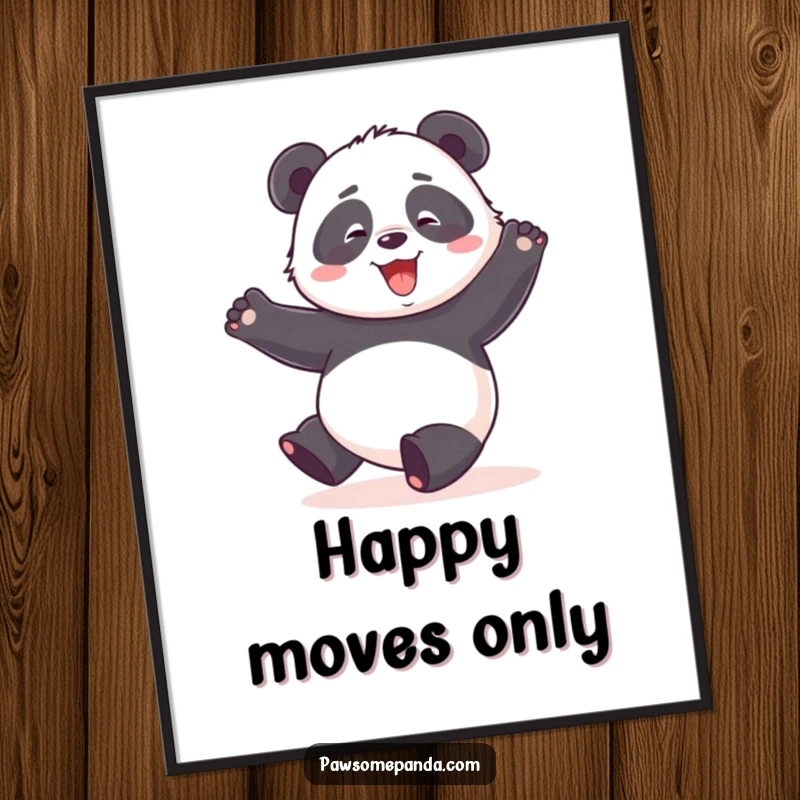 Funny digital art print of a panda character doing a clumsy, happy dance with its arms in the air.