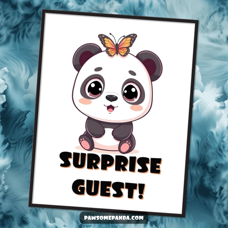 Funny digital art print of a wide-eyed panda character looking comically surprised and astonished by a butterfly fluttering unexpectedly close to its face.
