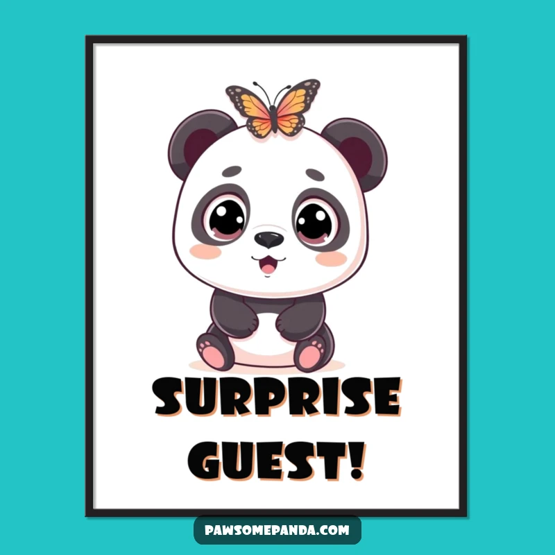 Funny Panda Digital Art: Wide-Eyed Surprise by Butterfly, Instant Gift Decor