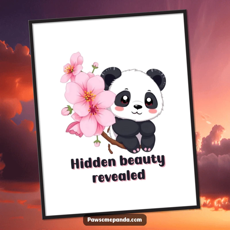Funny digital art of a panda peeking from behind a cherry blossom, offering instant charm and a touch of whimsy.