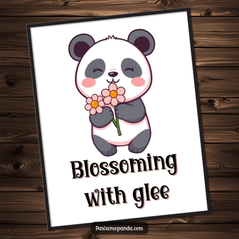 Funny panda digital art print of a delighted panda holding a flower, a heartwarming and downloadable piece for instant wall decor.