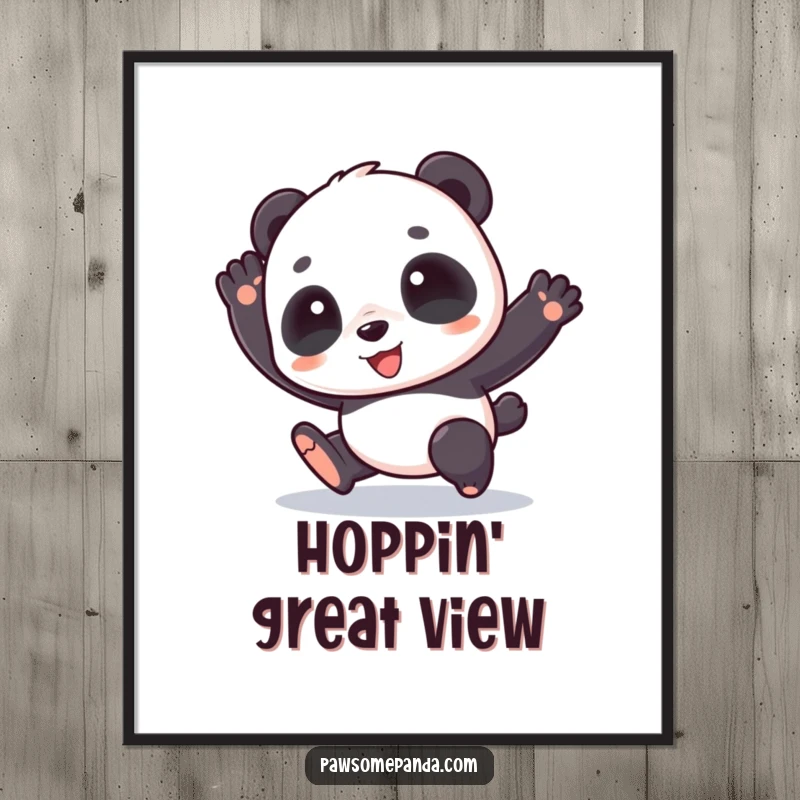 Funny digital art print of a cute panda character in a joyful hop, offering a downloadable burst of happiness.