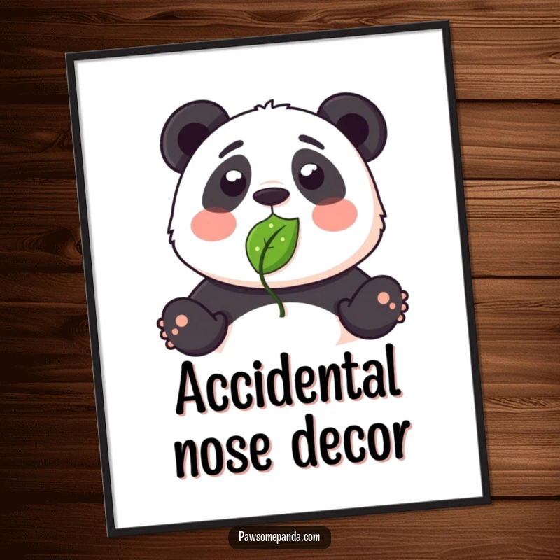 Funny digital art print of a surprised panda with a leaf humorously stuck to its nose.