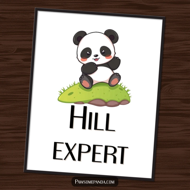 Funny digital art print of a gleeful panda character rolling down a green hill, perfect for injecting humor into any room.