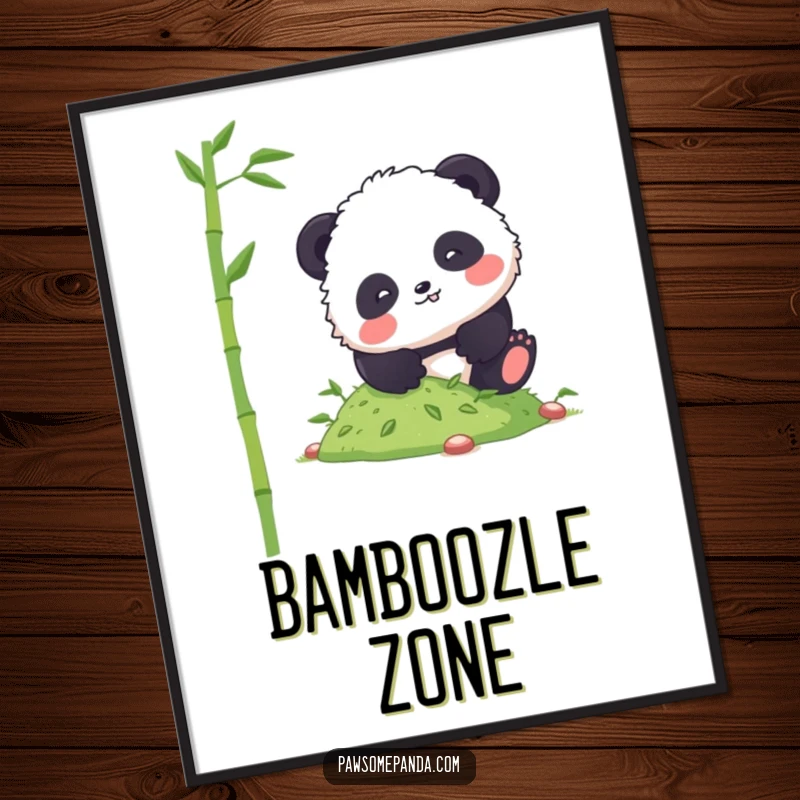 Funny panda digital art print showing a fluffy character comically tumbling down a hill of bamboo shoots, ready to print.