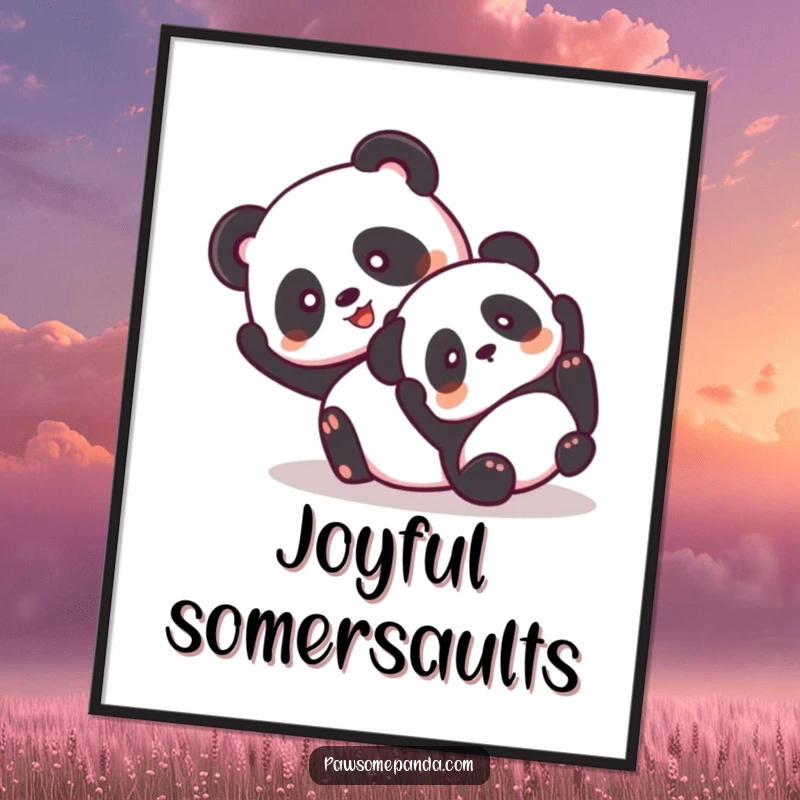 Funny digital art print of two giddy panda characters hilariously tumbling together.