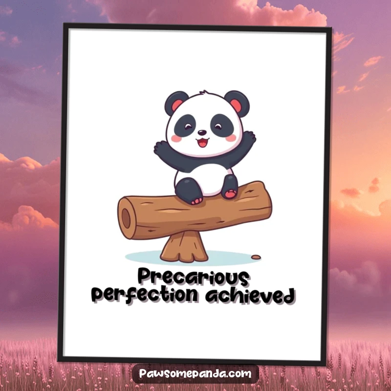 Funny digital art print of a playful panda character balancing on a log, offering instant visual appeal and humor.