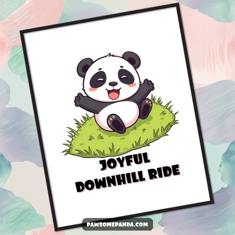 Funny digital art print of a panda character excitedly rolling down a grassy hill, perfect for instant playful decor.
