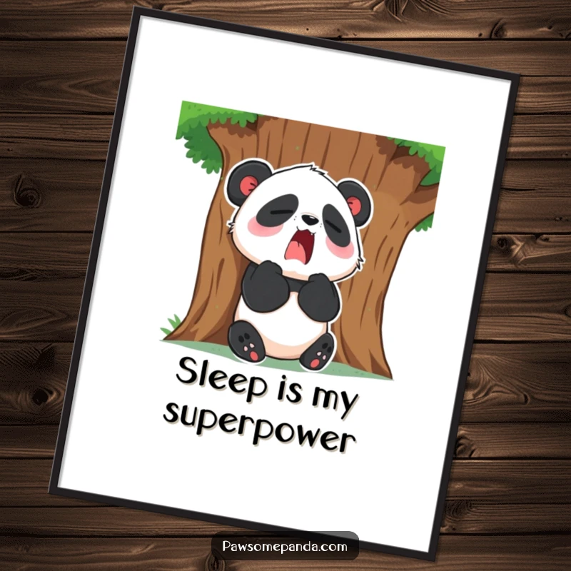 Funny Digital Art Print: A sleepy panda character yawns widely while sitting against a tree, radiating peace and comfort.