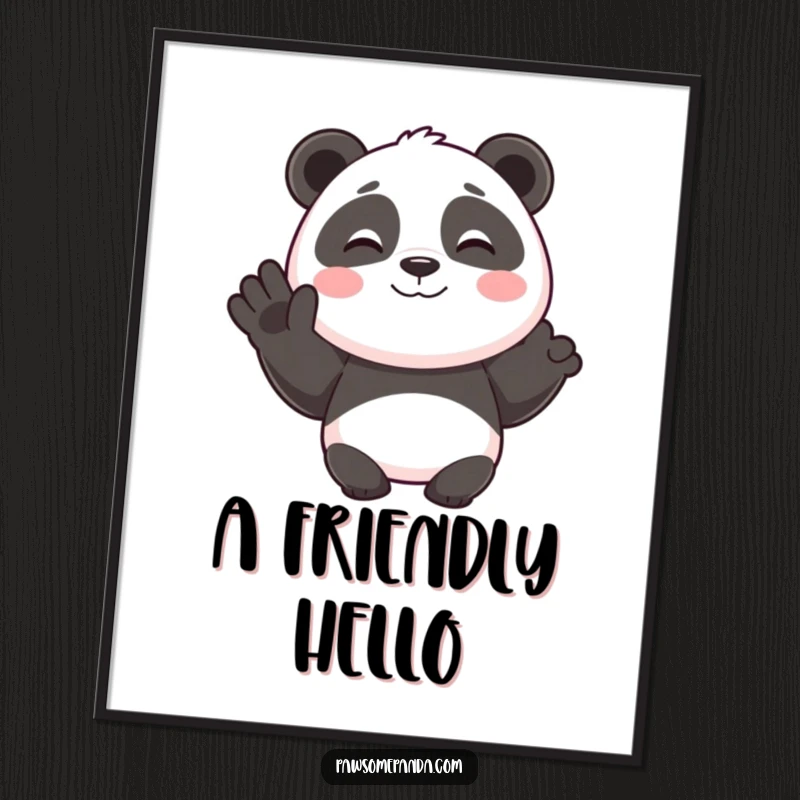 Funny digital art of a smiling panda character cheerfully waving hello, adding a touch of positive charm to any room.