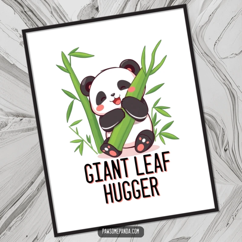 Funny Digital Art Print: A happy panda character joyfully hugs a giant bamboo leaf, exuding hilarious delight.
