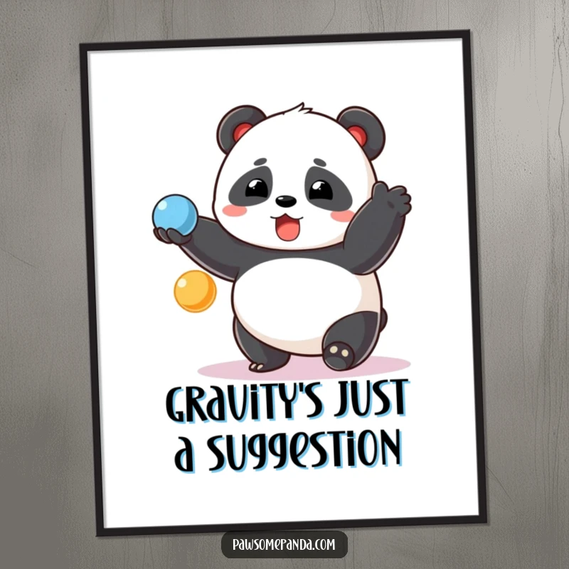 Funny chubby panda digital art print, surprised grin, juggling colorful balls, instant download, humorous wall decor.