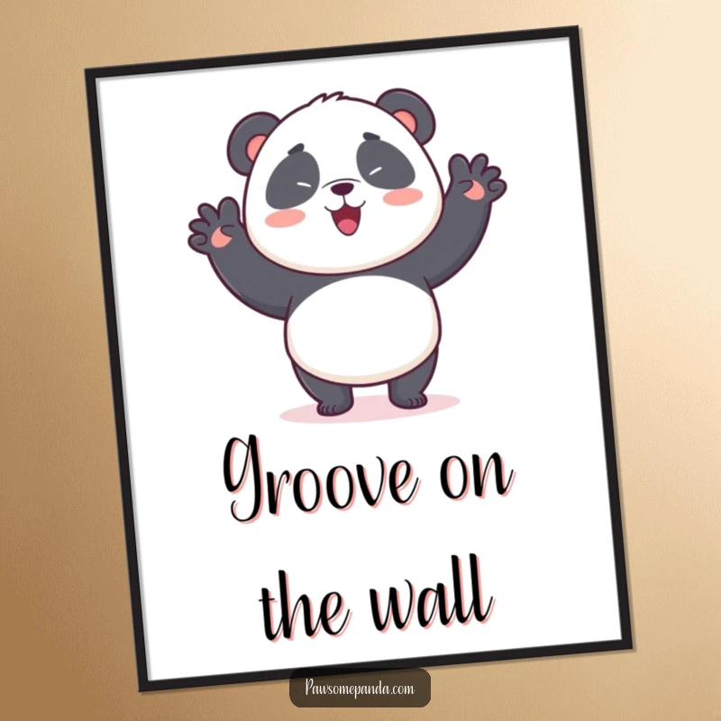 Funny digital art print of a kawaii panda bear doing a silly wiggle dance, creating a cheerful and humorous atmosphere.