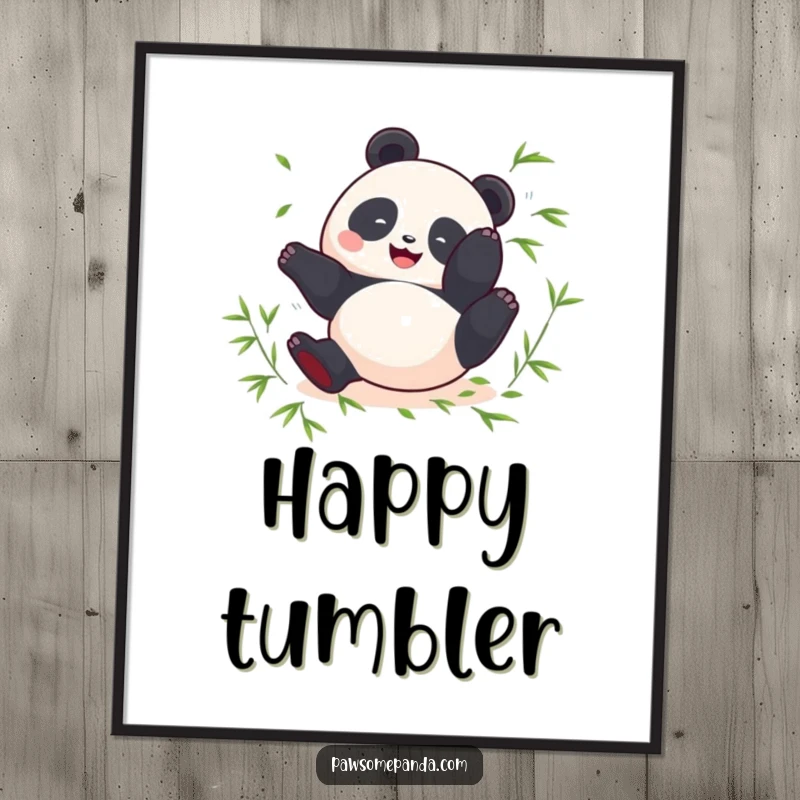 Funny digital art print of a round panda doing a happy somersault with scattered bamboo leaves.