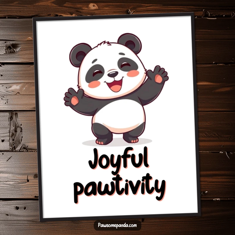 Funny playful panda digital art print, dancing silly, paws raised, wide smile, instant download, humorous wall decor.