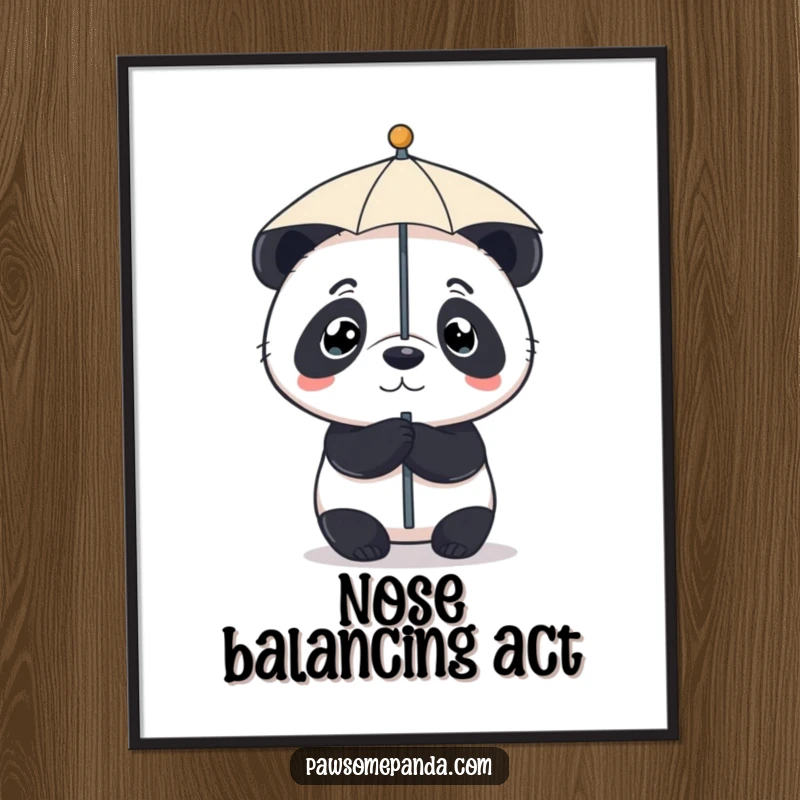 Funny digital art print of a determined panda balancing a tiny umbrella on its nose, perfect for instant wall decor.