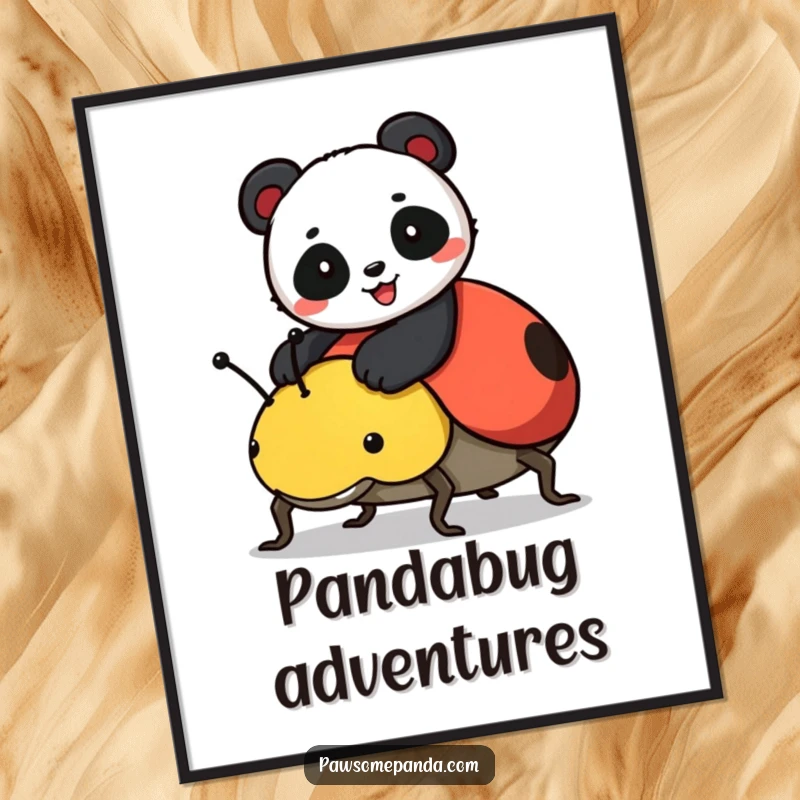 Funny digital art print of a cheerful panda riding a ladybug, perfect for instant download and whimsical home decor.