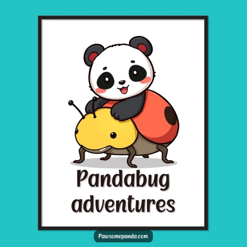 Funny Panda Ladybug Ride Digital Art - Instant Download Whimsical Decor