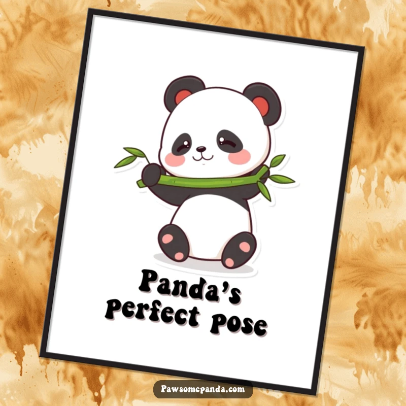 Funny balancing panda digital art print showing a panda character trying to balance a bamboo stalk, perfect for festive sharing.