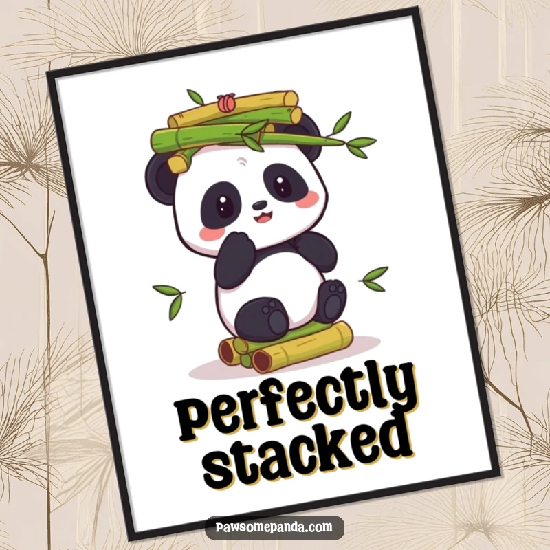 Funny digital art print of a panda character comically balancing a substantial stack of green bamboo shoots, conveying humor and focus.