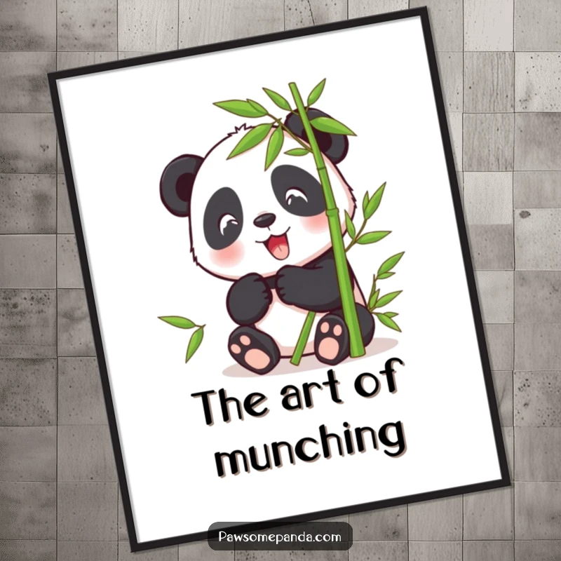 Funny digital art print of a cheerful panda character peacefully eating bamboo, adding instant calm and natural charm.