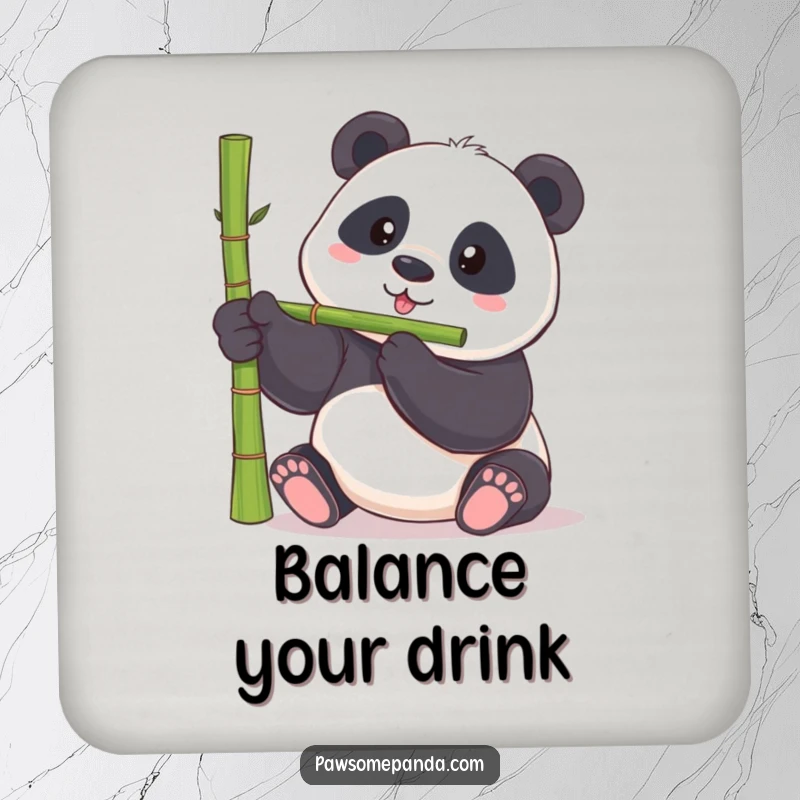 Funny panda coaster showing a chubby panda bear attempting to balance a bamboo shoot on its nose, for humorous protection.