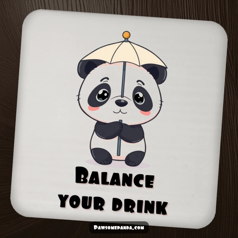 Funny drink coasters showcasing a determined panda balancing a tiny umbrella on its nose, perfect for protecting tables.