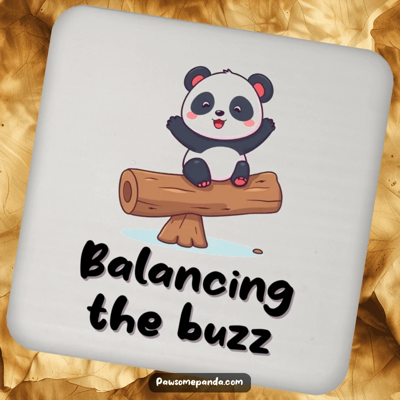 Funny coasters showcasing a playful panda character balancing on a log, protecting surfaces with elegance and amusement.