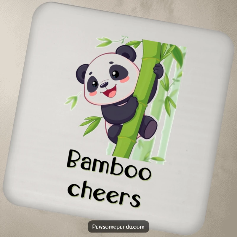 Funny drink coaster featuring a happy, grinning panda character climbing a bamboo stalk, perfect for protecting tables with humor.