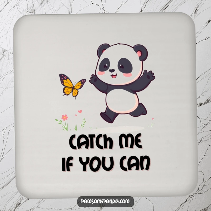 Funny Coaster: A playful panda character energetically hops, chasing a butterfly, adding cheerful decor to any table.