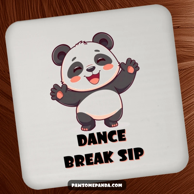 Funny playful panda coasters, dancing silly, paws in the air, wide smile, decorative and protective, a funny gift.