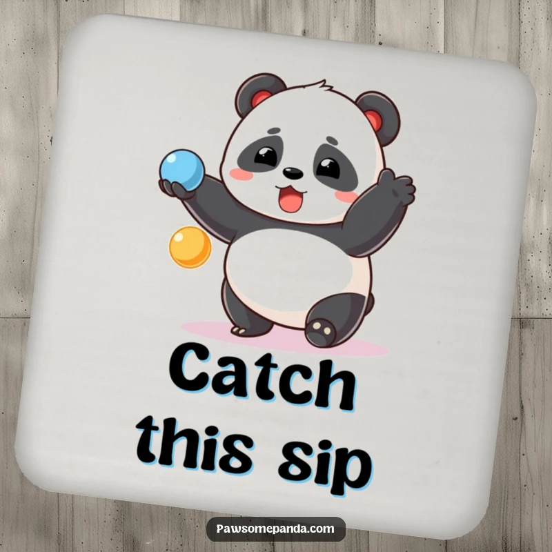 Funny chubby panda coasters, surprised expression, juggling colorful balls, protect surfaces, a humorous accessory.