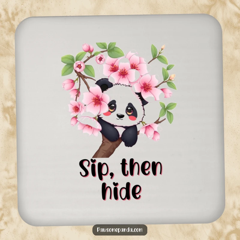 Funny curious panda coasters, peeking from a cherry blossom, decorative and protective, a cute funny gift.