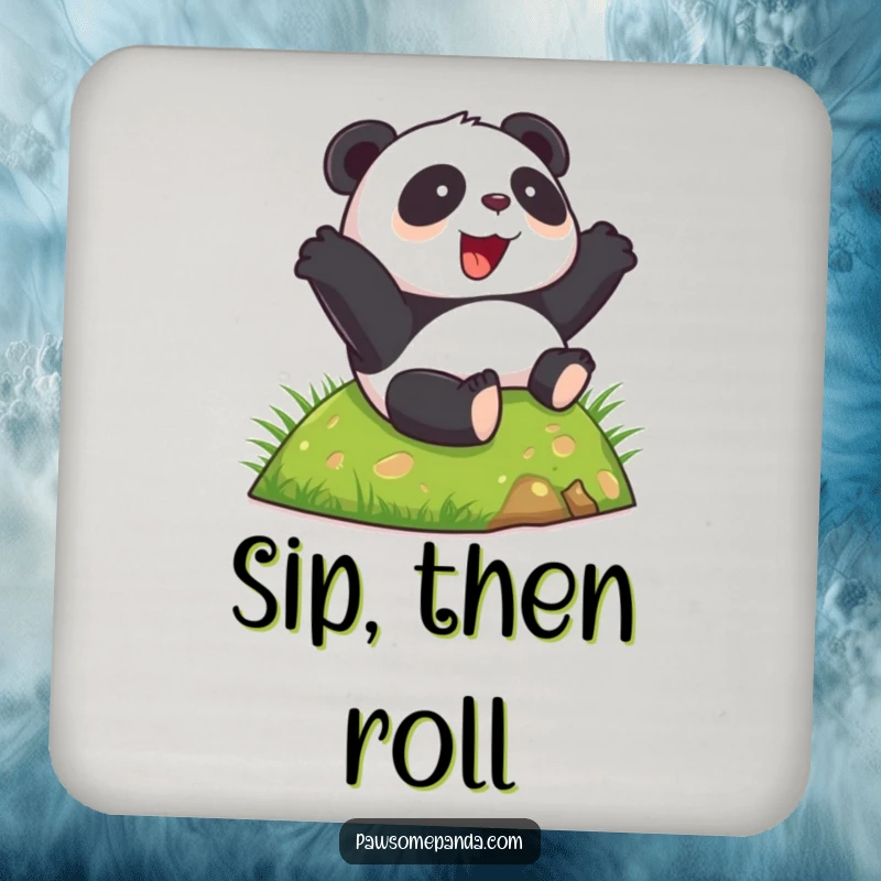 Funny happy panda coasters, rolling down a green hill, joyful expression, decorative and protective, a funny gift.