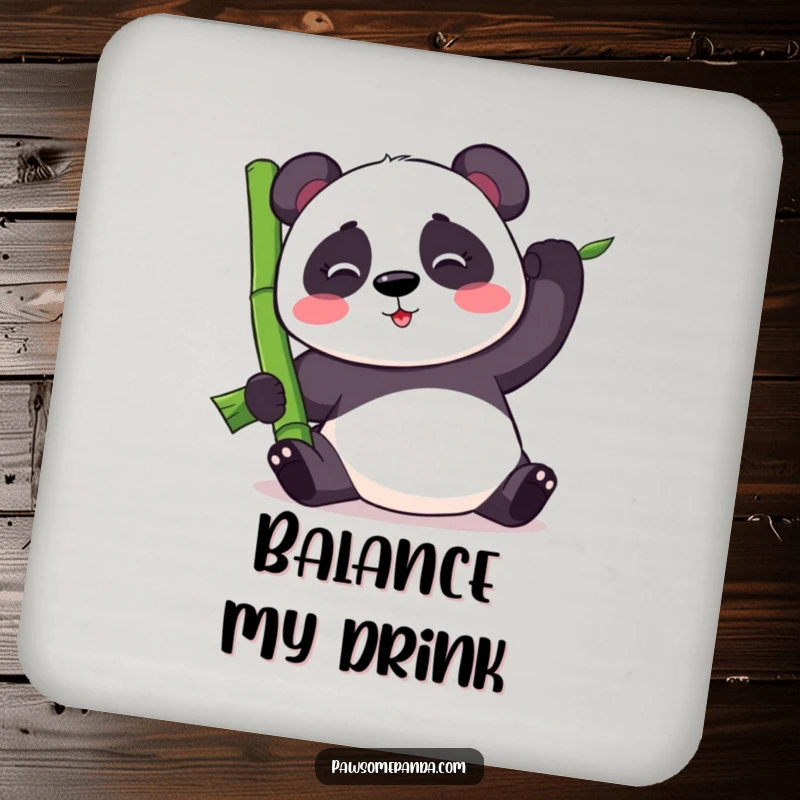 Funny kawaii panda bear balancing a large bamboo stalk, on a drink coaster, adding cute humor to your table setting.