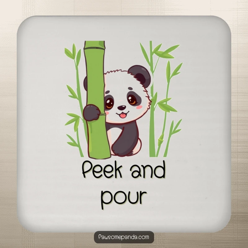 Funny drink coaster featuring a kawaii panda cub peeking from behind bamboo, adding a cute and protective element.