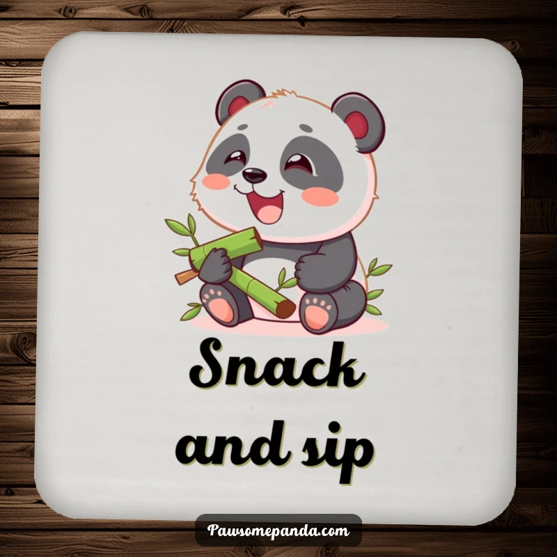 Funny drink coaster with a kawaii panda cub happily munching on bamboo, adding a cute and protective element to tables.