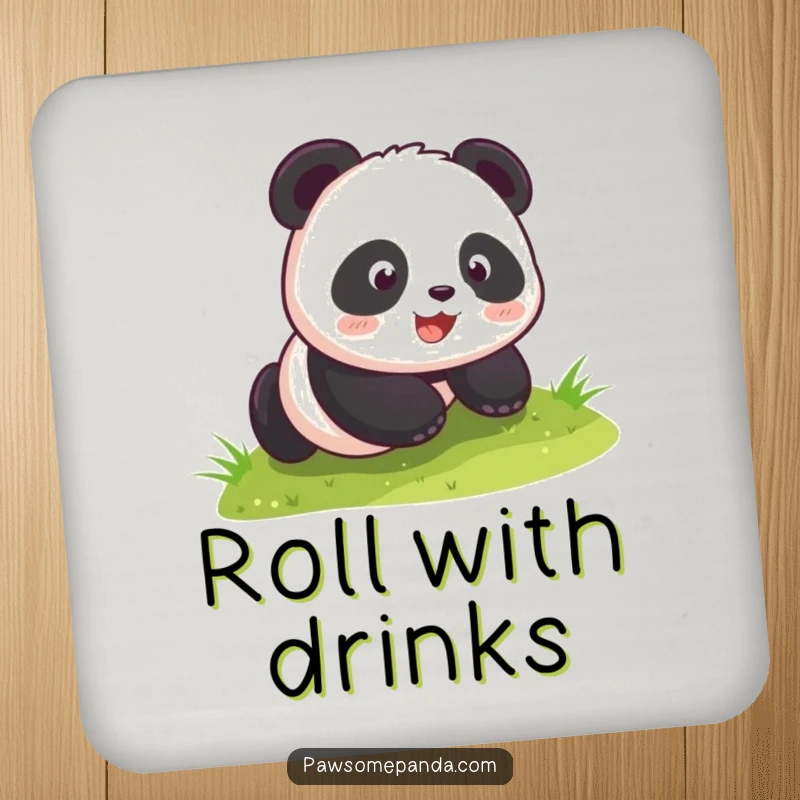 Funny kawaii panda cub rolling down a grassy hill, featured on a drink coaster, adding cute humor to beverage placement.