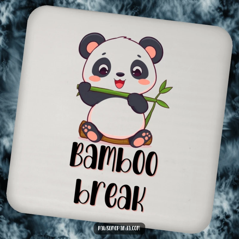 Funny panda balancing bamboo on a drink coaster, adding zen humor to surfaces.
