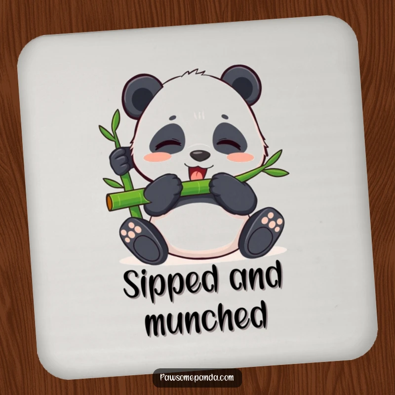 Funny drink coaster featuring a content panda happily munching bamboo with closed eyes, offering protection with peaceful humor.