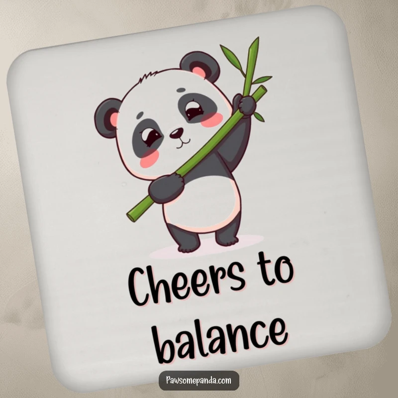 Funny panda coasters featuring a determined panda balancing a bamboo stalk, protecting surfaces with focused and humorous panda art.
