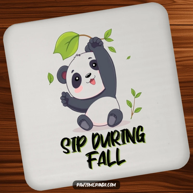 Funny Panda Coaster showing a character reaching for a leaf, adding subtle, humorous nature-themed protection to surfaces.