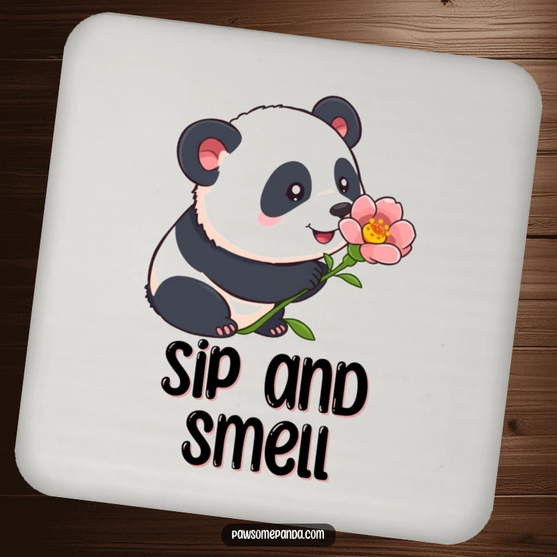 Funny panda coasters featuring a curious panda sniffing a flower with alert ears, protecting surfaces with gentle and humorous panda art.